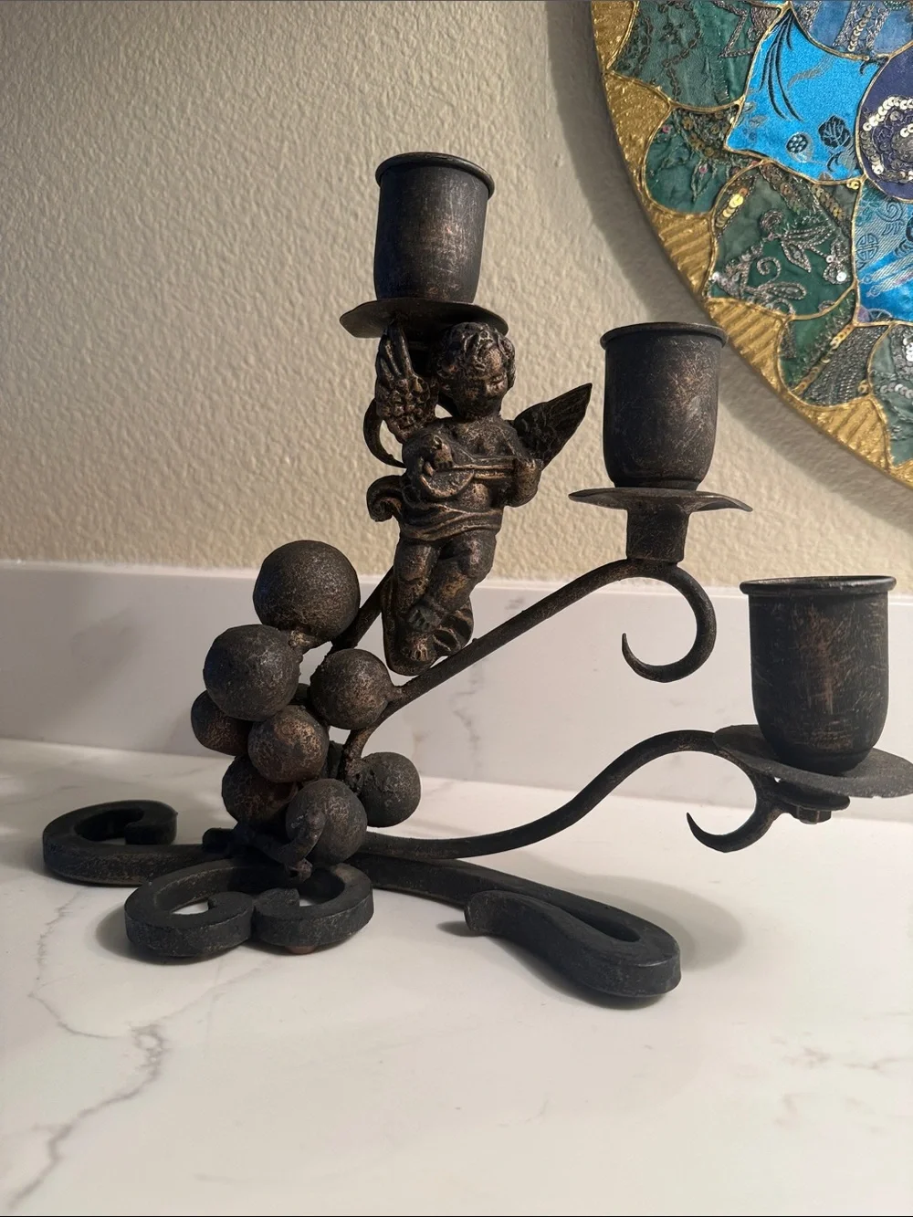 Vintage Wrought Iron Cherub Grapes Metal 3-Arm Candelabra